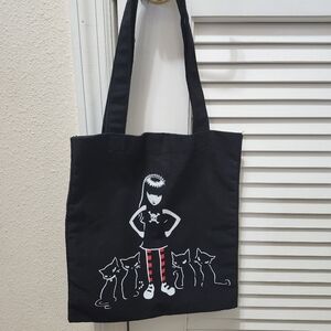 Black Tote Bag with Cat and Character Design